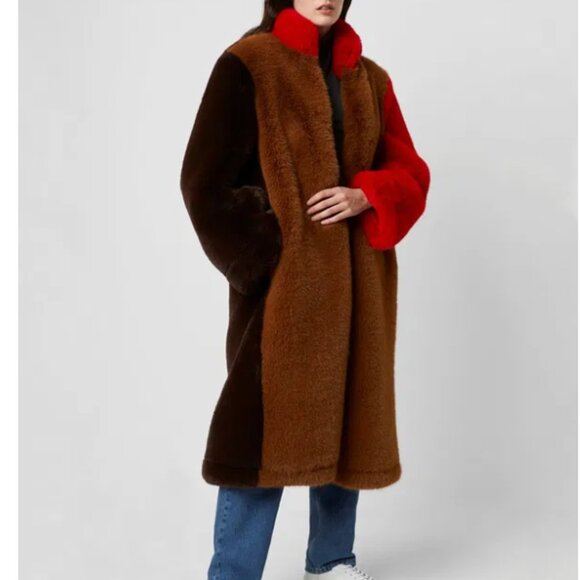 FRENCH CONNECTION -Claudie Faux Fur Oversized Colour Block Coat size M/L - Picture 4 of 6